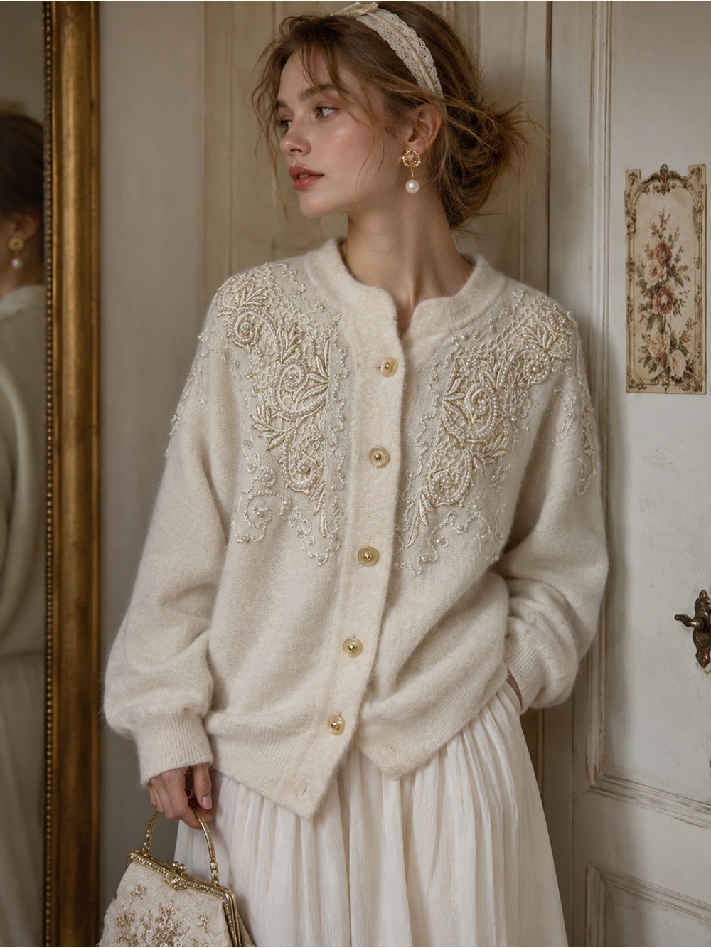 Vintage Bellini Angora Rabbit Hair Beaded Embroidered Cardigan Sweater M